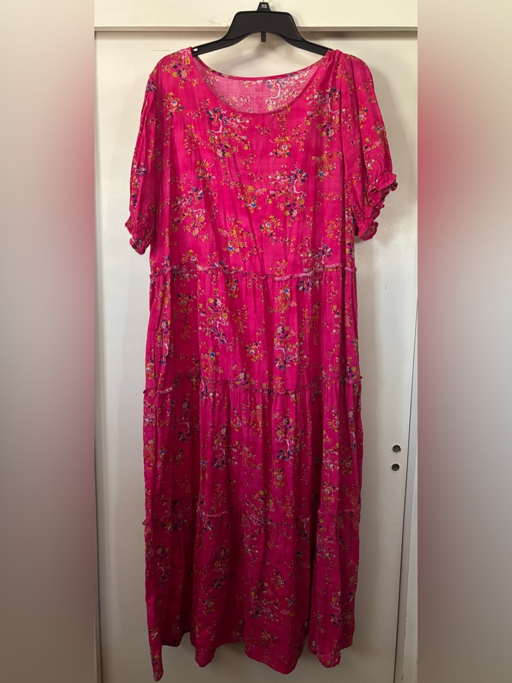 Cottage Core Bright Pink Floral Tiered Long Maxi Womens Dress L/XL